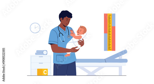 Modern flat vector illustration of doctor holding baby during examination, showing early childhood care and professional pediatric support
