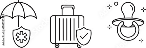 Umbrella protection suitcase travel safety and baby pacifier care vector icon set minimal outline illustration