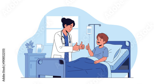 Flat vector illustration of healthcare worker encouraging recovering child, showing hope, motivation, and positive healing support
