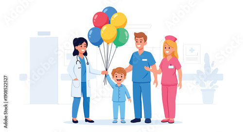 Flat vector illustration of pediatric team celebrating child’s recovery with balloons, showing success, happiness, and positive healthcare outcome