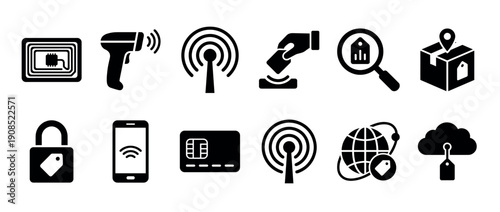 Black glyph icons for radio frequency identification technology showing concepts of scanning, payment, tracking, and wireless communication in a minimalist vector style set