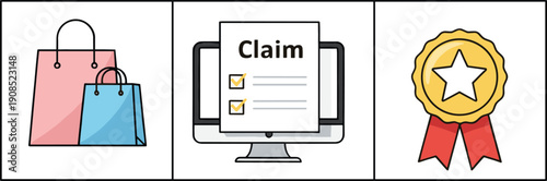 Shopping bags insurance claim checklist and award badge vector icon set colored outline illustration design