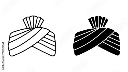 Indian Turban Icon Set, Traditional Groom Pagri or Safa Vector Illustration, Outline and Silhouette Styles