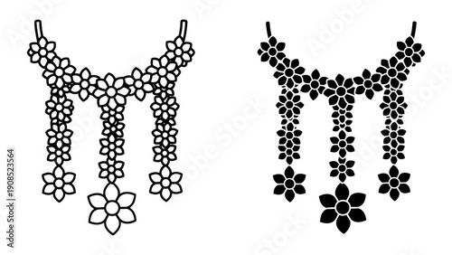 Thai flower garland Phuang Malai icons set in line art and silhouette style for traditional offerings and culture isolated on white