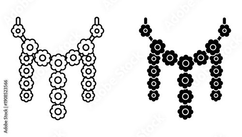 Flower garland mala icon set for Indian festivals and religious ceremonies in outline and solid black styles