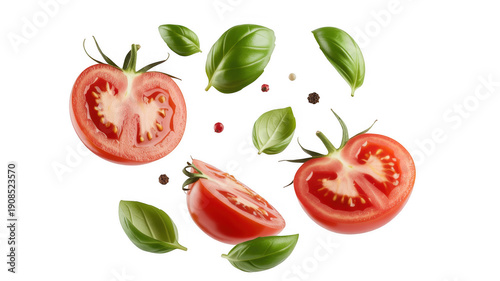 Sliced tomatoes and basil leaves floating food isolated on a transparent background