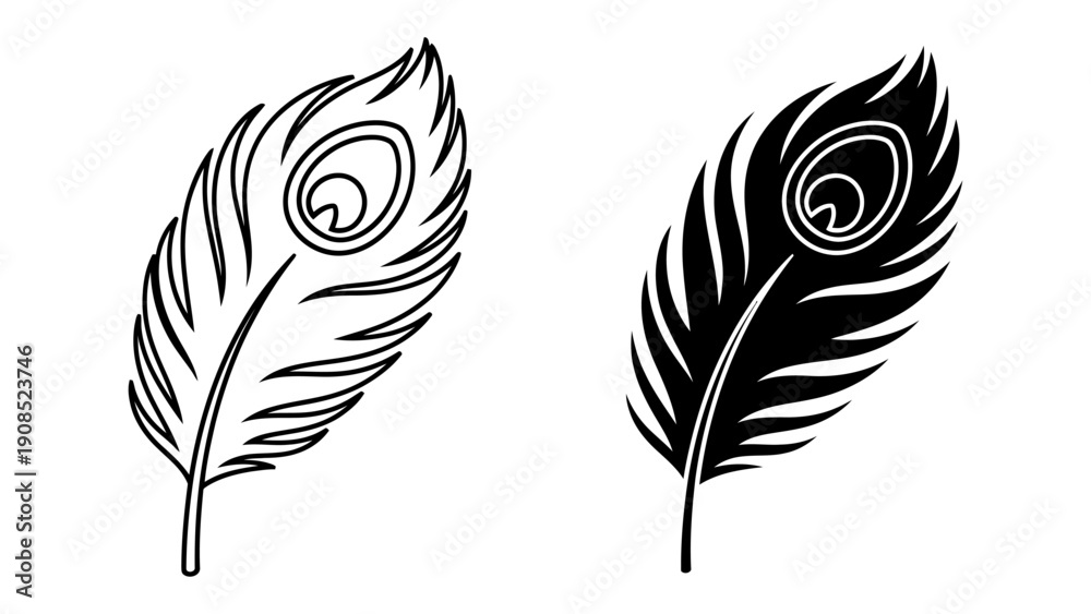 Obraz premium Peacock feather icons in outline and silhouette styles isolated on white background