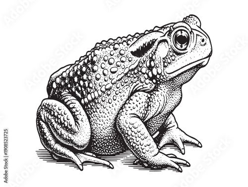 A detailed illustration of a toad sitting on the ground with its mouth open