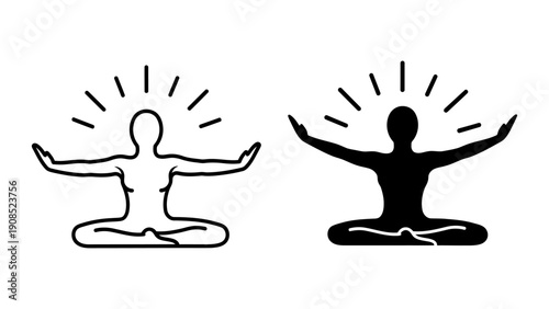 Yoga meditation icons practicing mindfulness and enlightenment for wellness and spirituality minimalist black and white vector set