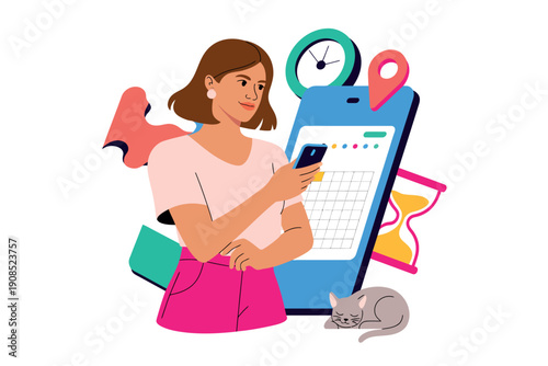 A young woman using her smartphone to check her calendar while standing next to a large phone with a clock and map pin.