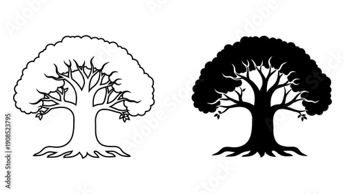 Tree icons set featuring silhouette and outline versions of a large oak tree with roots isolated on white background