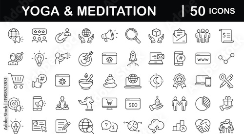 A comprehensive set of vector business and web design icons featuring symbols for internet, media, travel, and social network illustrations in a clean doodle style for website interfaces