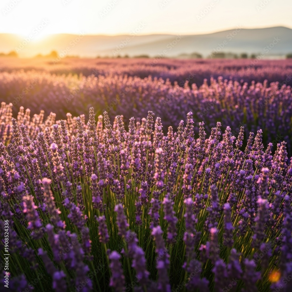 Fototapeta premium Lavender field at sunset with rolling hills in the background