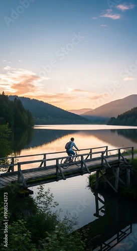 Cyclist on Wooden Bridge at Serene Lake at Sunset.