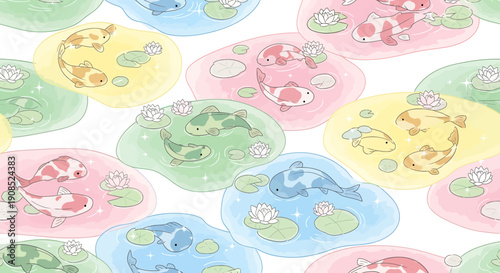 Cute Kawaii Koi Fish Pond Pattern, Pastel Colors, Japanese Garden Illustration