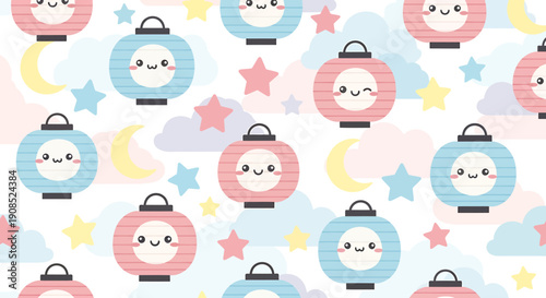 Cute Kawaii Lanterns Pattern with Moon and Stars