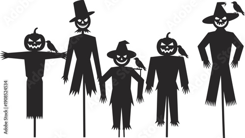 Vector illustration of five Halloween scarecrows with jack‑o’‑lantern heads, spooky outfits, sinister expressions, birds perched, festive silhouette design for decoration.