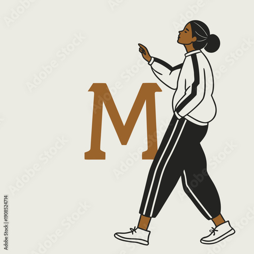 Woman Walking with Power beside Letter M