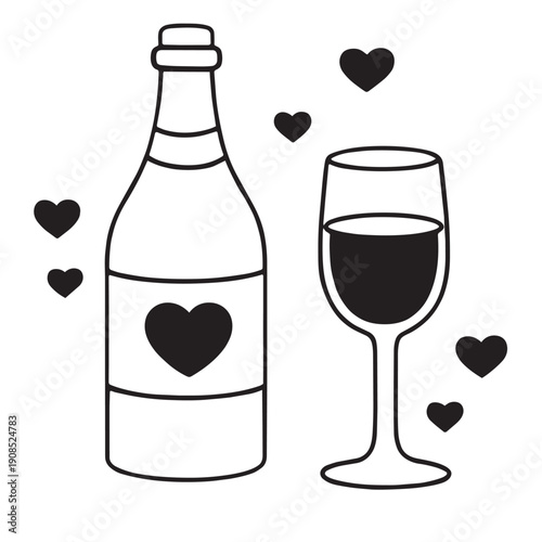 Wine bottle wine glass heart love romantic celebration drink black and white
