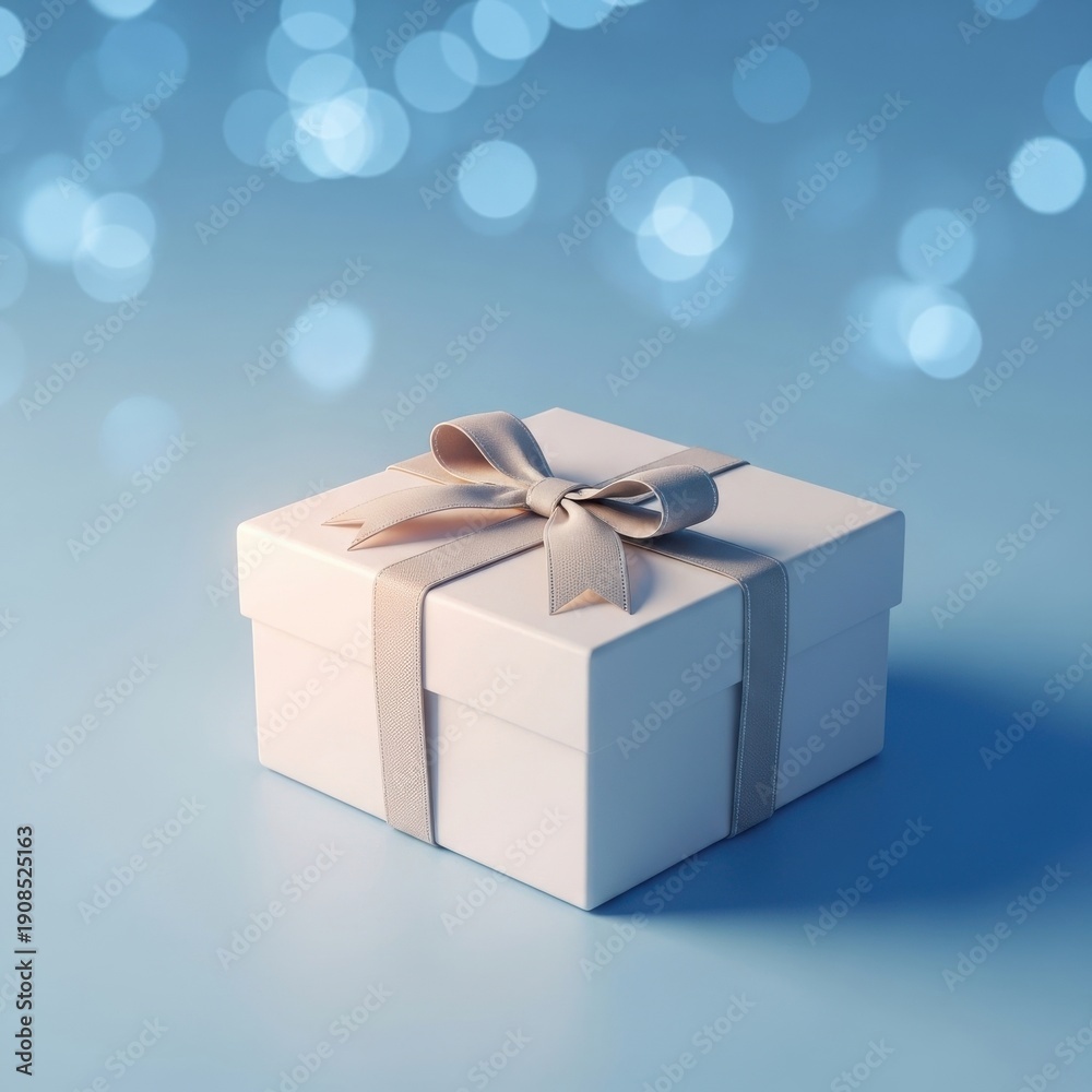 Obraz premium White gift box with beige ribbon on blue bokeh background