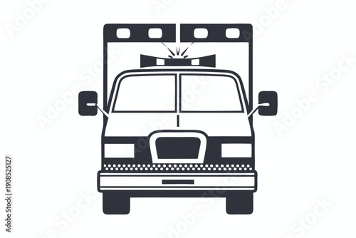 Monochrome Ambulance Front View With Emergency Lights Isolated on White