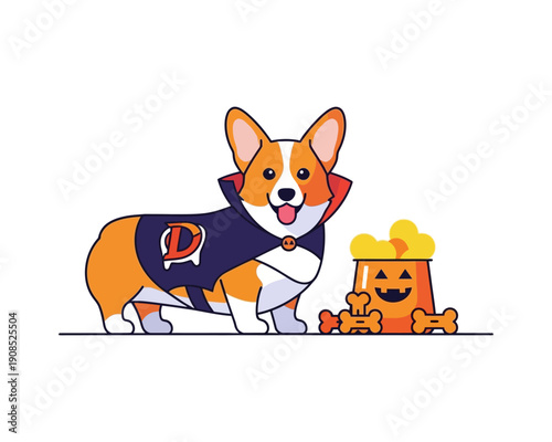 A cute cartoon Corgi dog dressed as a vampire for Halloween, standing next to a trick-or-treat bucket filled with candy and bone treats.