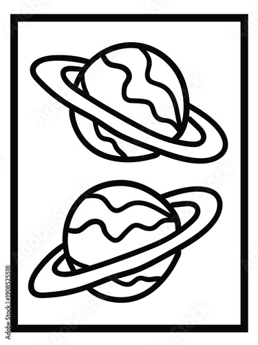 Hand-drawn illustration of two ringed planets dancing together. Works well for space-themed design elements, playful logos, kids branding, and coloring pages.