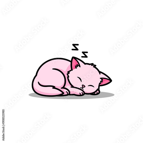 A cute pink cartoon cat is peacefully sleeping, curled up with Zzz symbols above its head on a white background.