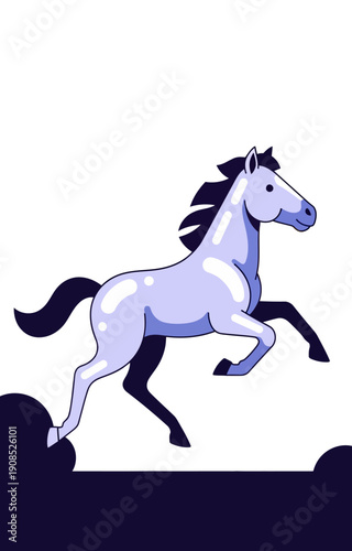 Stylized illustration of a light blue horse prancing with dark mane and tail on a white background.
