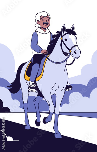 A smiling person with white hair riding a light-colored horse on a path with a simple background.