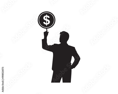 Man holding up dollar sign on stick on white background