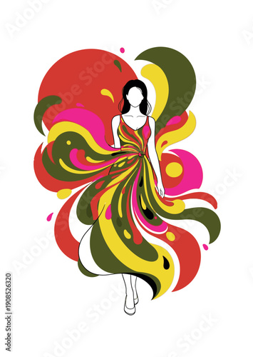 Woman in colorful abstract dress illustration.