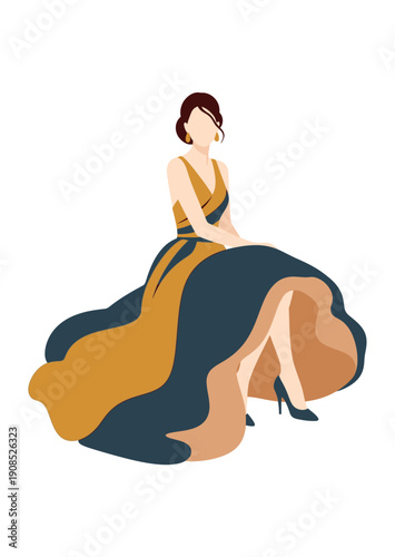 Elegant woman in a long formal dress sitting gracefully.