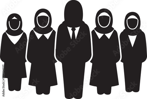 Five individuals in cloaks and hoods standing in a line against a white background