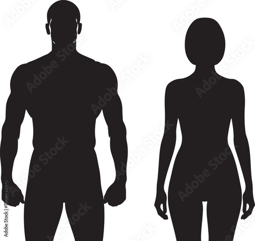 Silhouettes of a man and a woman standing side by side against a white background