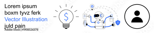 Artificial intelligence, fintech, digital identity, innovation, cybersecurity, avatars online. Robot with connected icons, light bulb with dollar sign user profile icon. AI technology and fintech