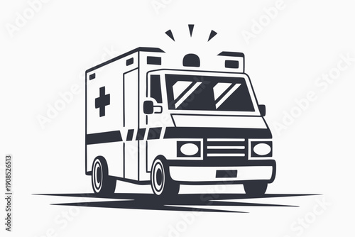 Stylized Ambulance Silhouette with Siren Beams and Bold Outlines, Emergency Vehicle Icon