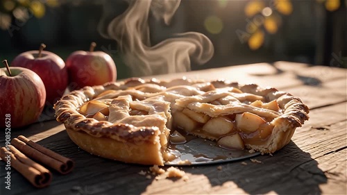 Fresh Apple Pie with Steam, Cinnamon Sticks, Red Apples on Wooden Table, Warm Dessert