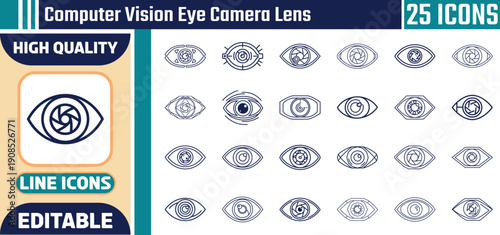 25 Computer Vision Eye Camera Lens Icon Set, AI Biometric Scanning, Digital Optics, Surveillance Security, Artificial Intelligence Vector Icons for UI