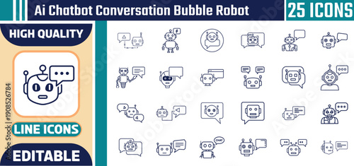 25 AI Chatbot Icon Set. Modern Robot Conversation Bubbles, Artificial Intelligence Virtual Assistant Symbols for Web UI, Tech Support & Mobile Apps.