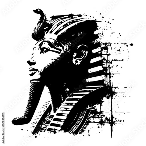 Ancient Egyptian pharaoh king head profile in grunge ink style
