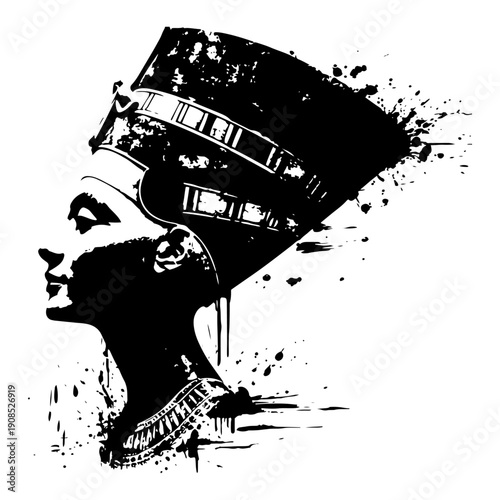 Queen Nefertiti profile portrait with artistic grunge ink drips
