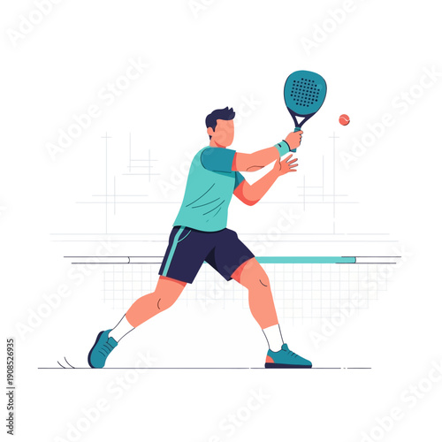 Man playing padel tennis, hitting the ball with a racket on a court, dynamic action shot