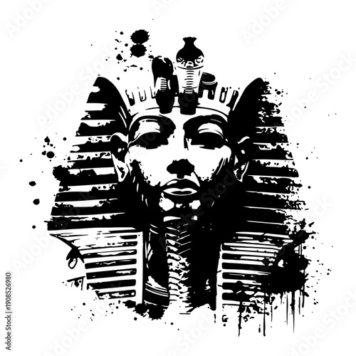 Pharaoh Tutankhamun death mask silhouette featuring grunge ink splatters