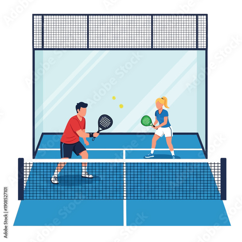 Couple playing padel tennis on a blue court with glass walls and net