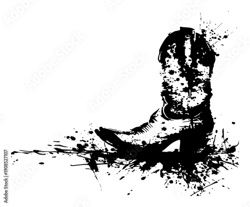 Western cowboy boot illustration with artistic black ink splatter effects
