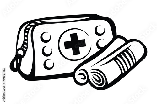 Medical First Aid Kit Outline Style, White Bandage Roll, Emergency Care, Aid, Black/White