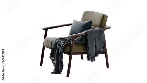 Bild auf Leinwand A comfortable wooden chair with a pillow and coverlet on a transparent PNG background