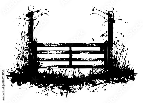 Wooden rustic farm gate entrance with grass in grunge style
