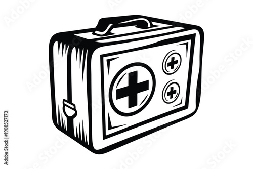 Black And White Aid Box. Square Container With Handle & Medical Cross Symbols